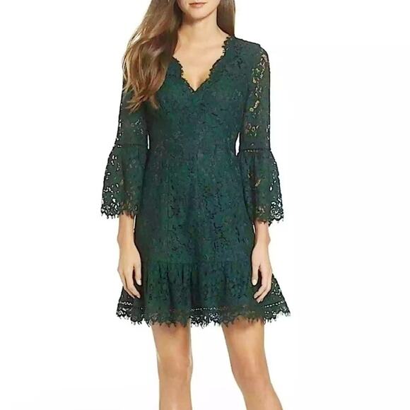 Eliza J Dresses & Skirts - Eliza J Women's Green Lace Bell Sleeve Fit & Flare Dress Size 12
